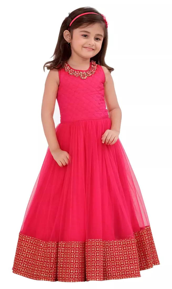 Pink Sequance Embroidery Lace Work Banglori Silk With Net Full Flair Readymade Partywear Goen Dress Fro Girls