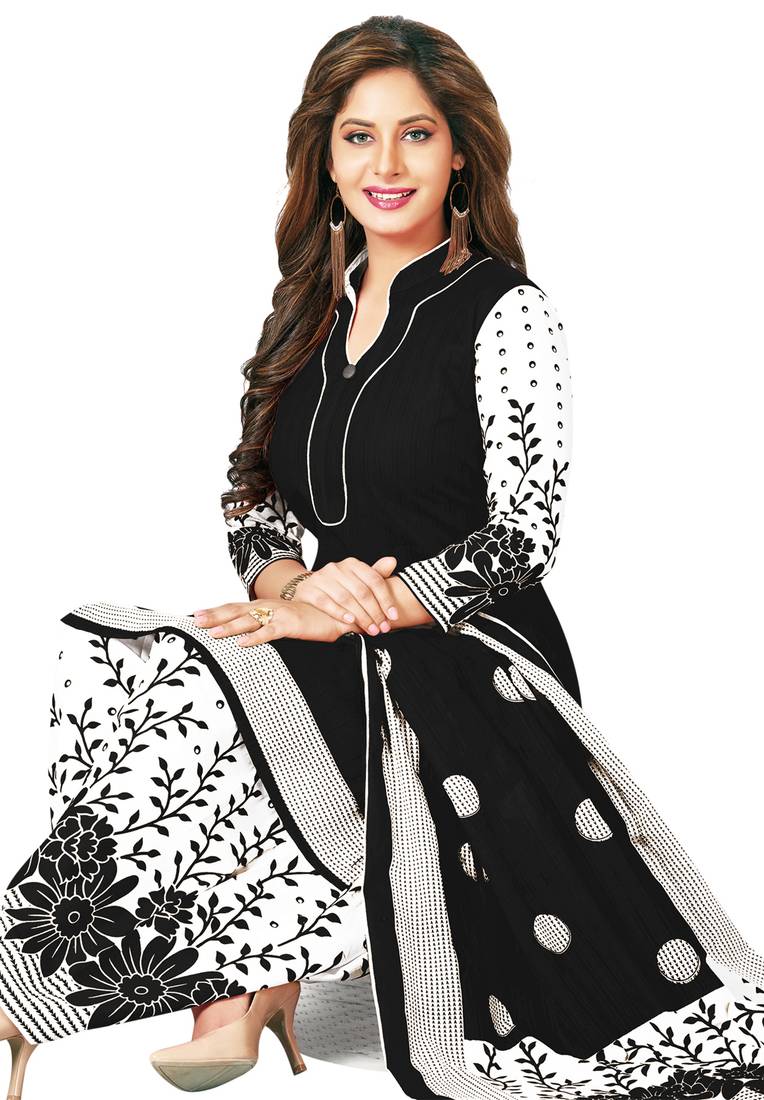 Black And White Printed Cotton Unstitched Salwar Kameez With Dupatta