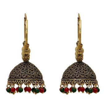 Maroon And Green Color Oxidised Jhumka Earrings 1