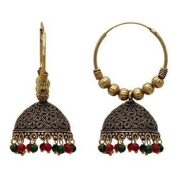 Maroon And Green Color Oxidised Jhumka Earrings 2