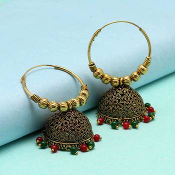 Maroon And Green Color Oxidised Jhumka Earrings 3
