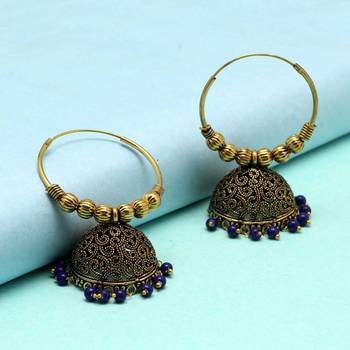 Navy Blue Color Oxidised Jhumka Earrings 3