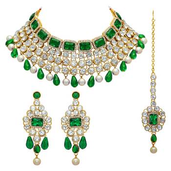 Green Color Imitation Pearl Kundan Necklace With Earring And Maang Tikka 1