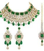 Green Color Imitation Pearl Kundan Necklace With Earring And Maang Tikka