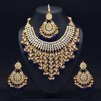 Blue Color Imitation Pearl Kundan Necklace With Earring And Maang Tikka 1