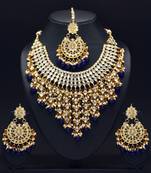 Blue Color Imitation Pearl Kundan Necklace With Earring And Maang Tikka
