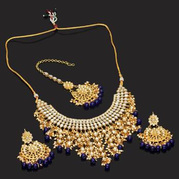 Blue Color Imitation Pearl Kundan Necklace With Earring And Maang Tikka 2