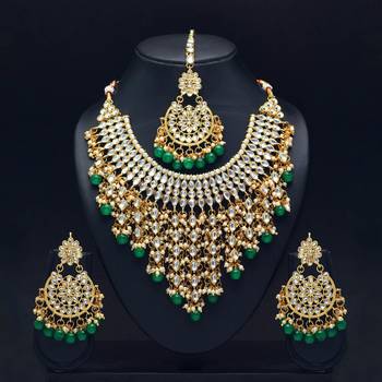 Green Color Imitation Pearl Kundan Necklace With Earring And Maang Tikka 1
