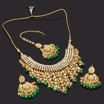 Green Color Imitation Pearl Kundan Necklace With Earring And Maang Tikka 2