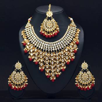 Maroon Color Imitation Pearl Kundan Necklace With Earring And Maang Tikka 1