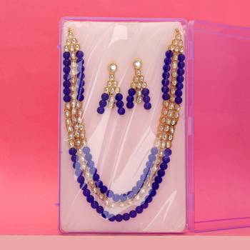 Blue Color Imitation Pearl Kundan Necklace With Earring 3