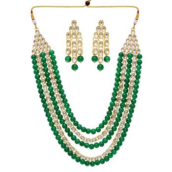 Green Color Imitation Pearl Kundan Necklace With Earring 3