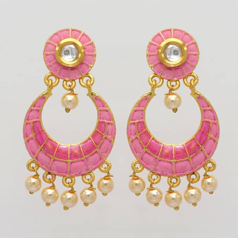 Pink Color Imitation Pearl And Kundan Meenakari Earrings Jaipur