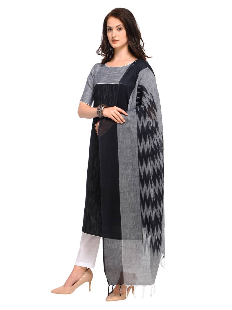 Inddus Black Handloom Cotton Solid Ikkat Unstitched Dress Material With Ikkat Dupatta