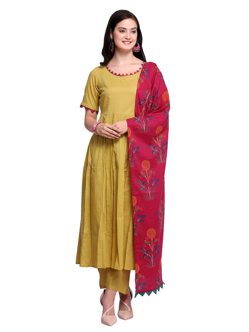 Inddus Yellow  Cotton Printed Unstitched Dress Material With Dupatta