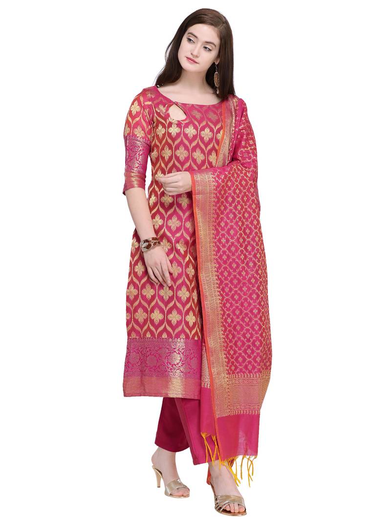 Inddus Pink Banarasi Cotton Woven Unstitched Dress Material With Dupatta