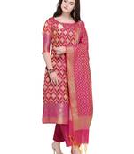 Inddus Pink Banarasi Cotton Woven Unstitched Dress Material With Dupatta