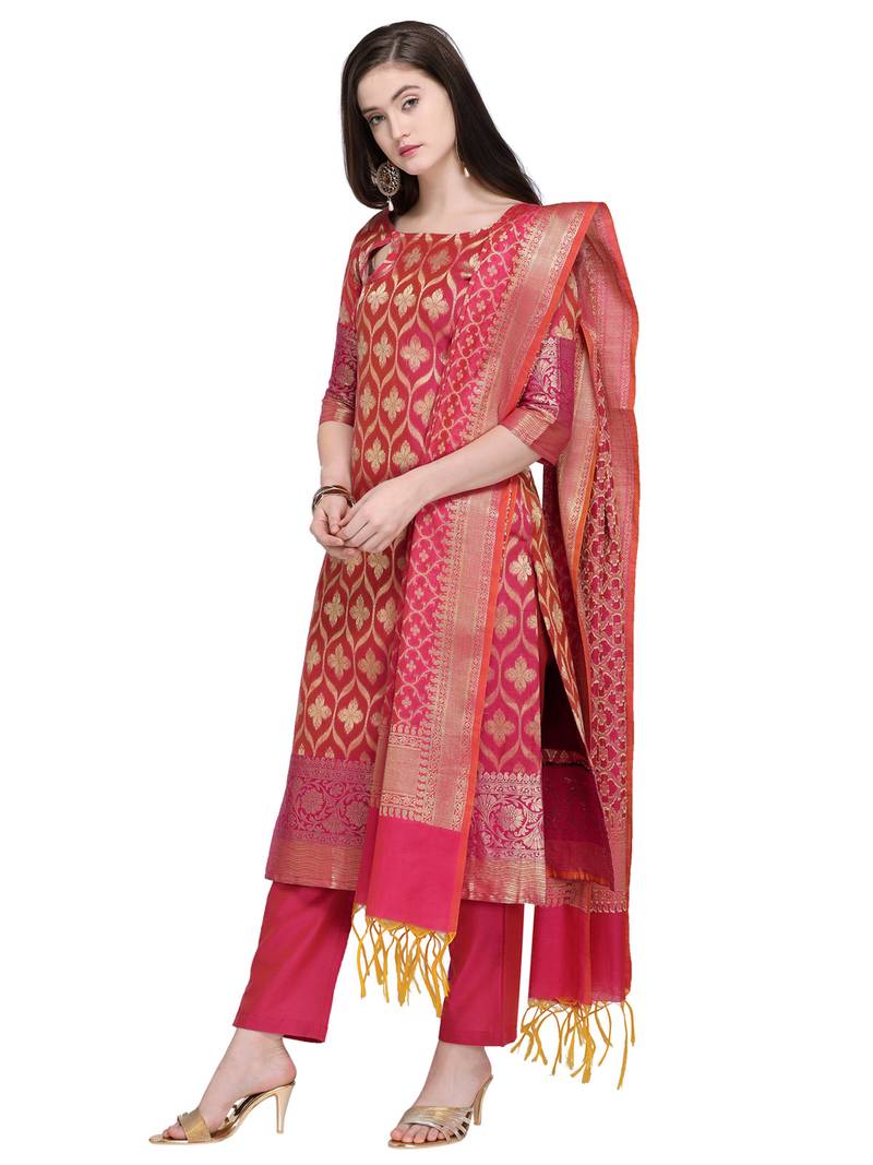 Inddus Pink Banarasi Cotton Woven Unstitched Dress Material With Dupatta