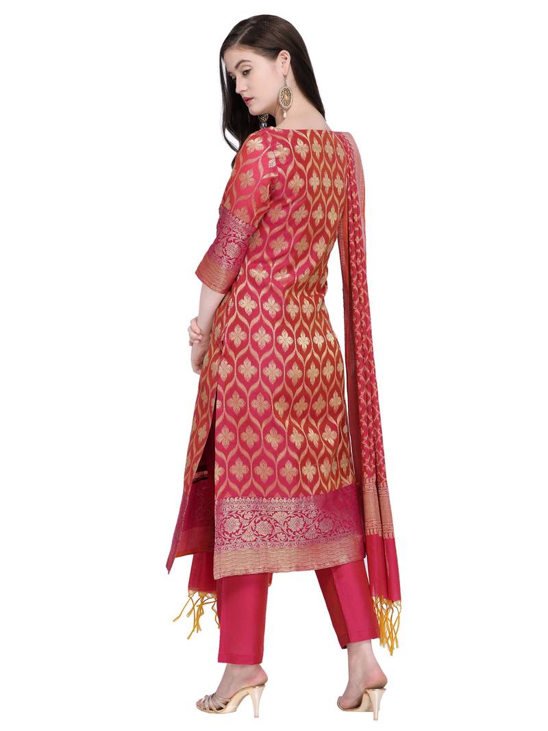 Inddus Pink Banarasi Cotton Woven Unstitched Dress Material With Dupatta