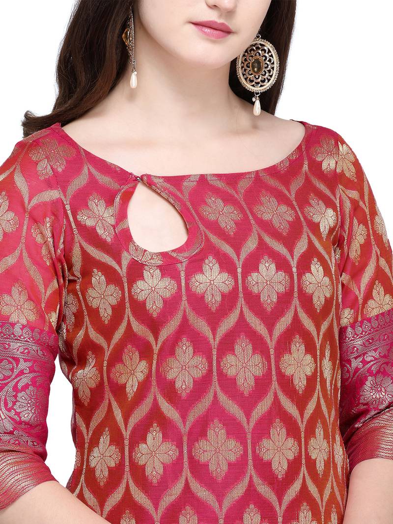 Inddus Pink Banarasi Cotton Woven Unstitched Dress Material With Dupatta