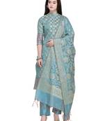 Inddus Light Blue Banarasi Cotton Woven Unstitched Dress Material With Dupatta