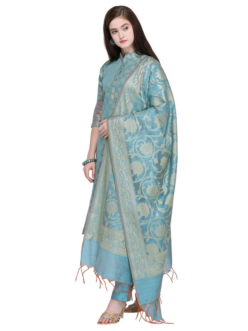 Inddus Light Blue Banarasi Cotton Woven Unstitched Dress Material With Dupatta