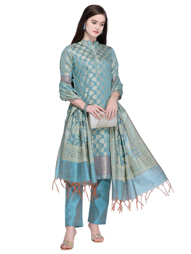 Inddus Light Blue Banarasi Cotton Woven Unstitched Dress Material With Dupatta