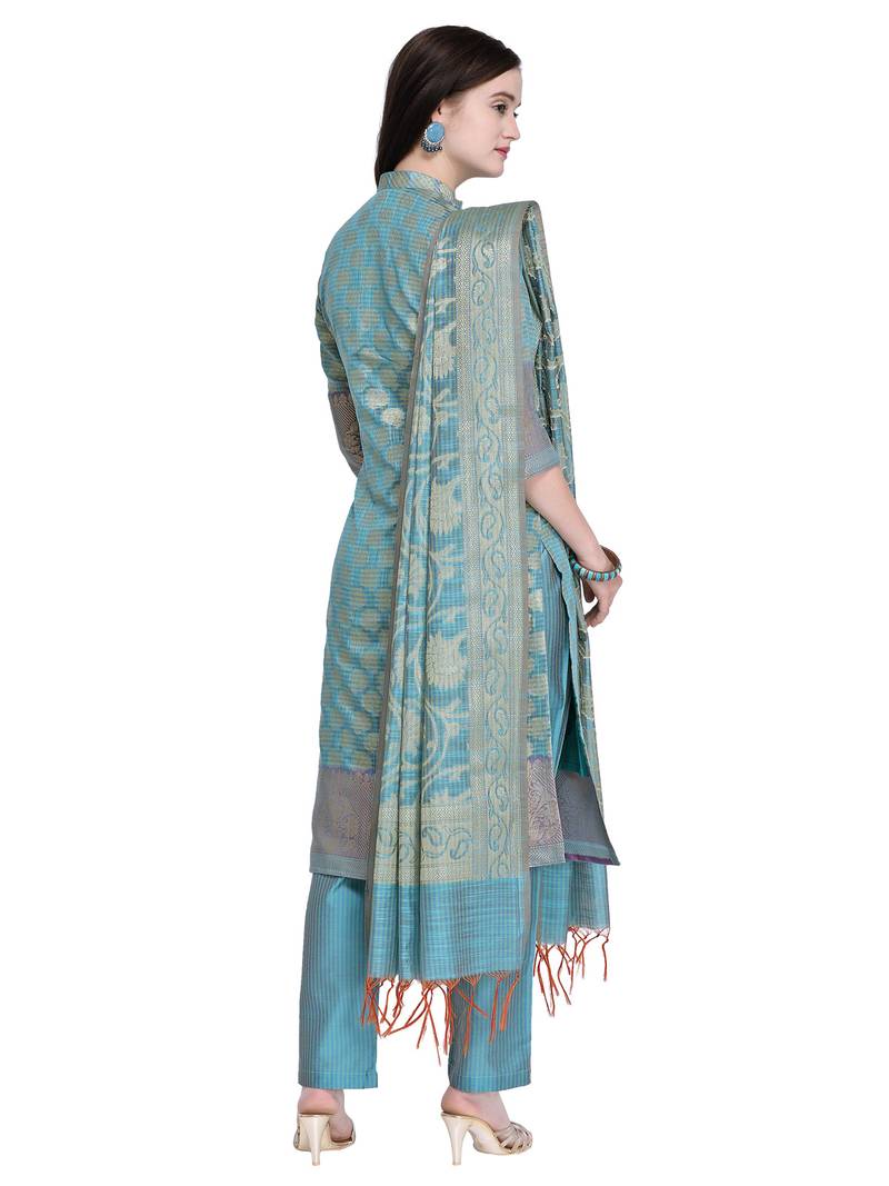 Inddus Light Blue Banarasi Cotton Woven Unstitched Dress Material With Dupatta