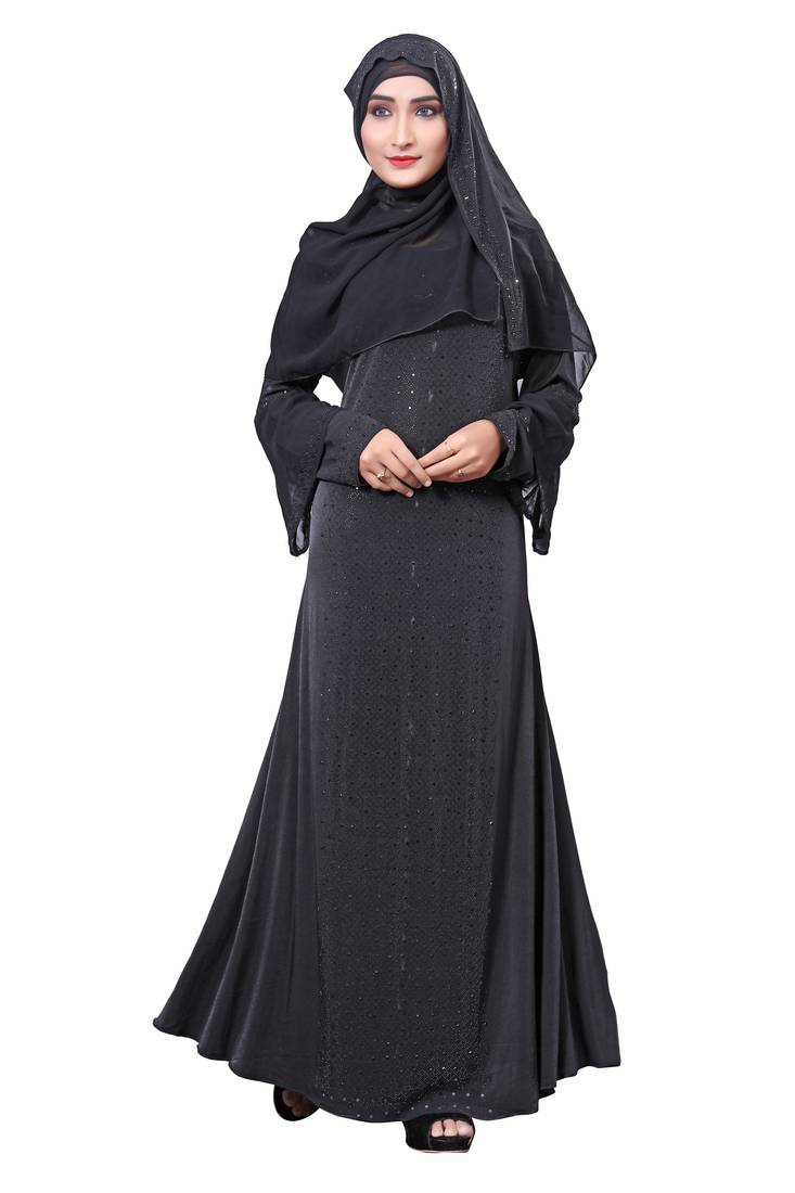 Black Color Waist Belt Style Lycra Burkha With Hijab For Women