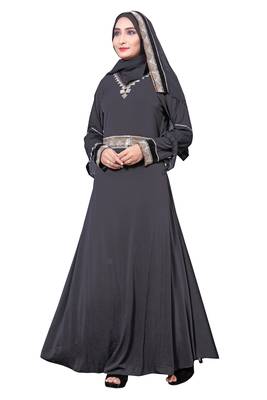 Waist Belt Style Black Lycra Abaya Burkha With Hijab For Women 1