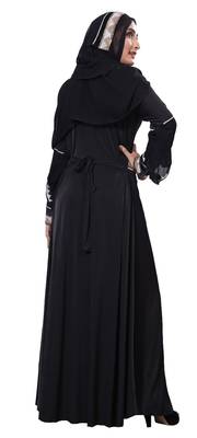 Waist Belt Style Black Lycra Abaya Burkha With Hijab For Women 3