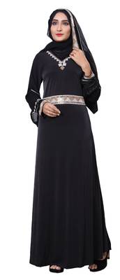 Waist Belt Style Black Lycra Abaya Burkha With Hijab For Women 4
