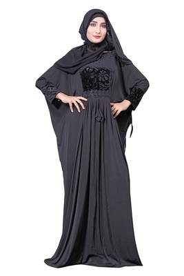 Black Color Embosed Velvet Lycra Abaya With Hijab Dupatta For Women 1