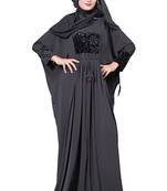 Black Color Embosed Velvet Lycra Abaya With Hijab Dupatta For Women