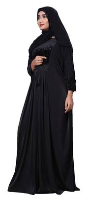 Black Color Embosed Velvet Lycra Abaya With Hijab Dupatta For Women 2