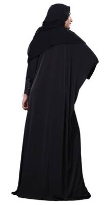 Black Color Embosed Velvet Lycra Abaya With Hijab Dupatta For Women 3