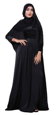Black Color Embosed Velvet Lycra Abaya With Hijab Dupatta For Women 4