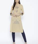 Beige Printed Cotton Stitched Kurtas And Kurtis