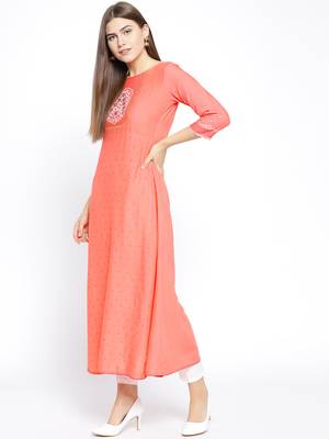 Peach Printed Cotton Stitched Kurtas And Kurtis 3
