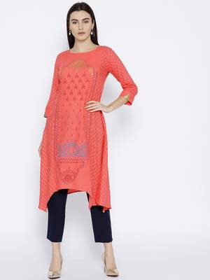 Peach Printed Cotton Stitched Kurtas And Kurtis 1