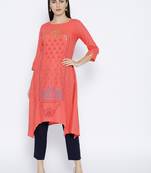 Peach Printed Cotton Stitched Kurtas And Kurtis