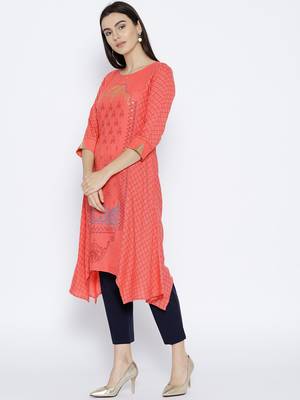 Peach Printed Cotton Stitched Kurtas And Kurtis 3
