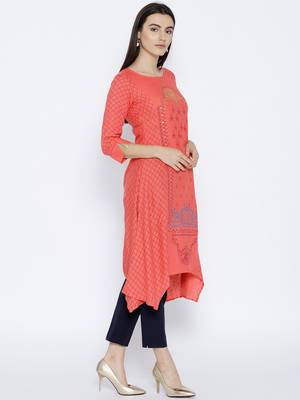 Peach Printed Cotton Stitched Kurtas And Kurtis 4