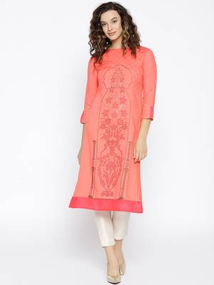 Peach Printed Cotton Stitched Kurtas And Kurtis 1