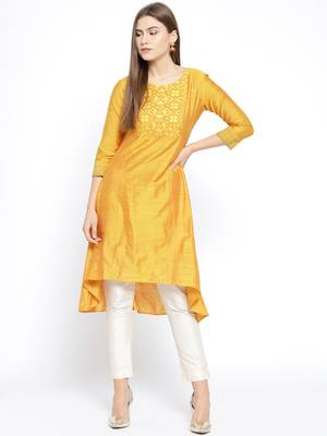 Yellow Embroidered Silk Stitched Kurtas And Kurtis 1