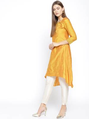 Yellow Embroidered Silk Stitched Kurtas And Kurtis 3