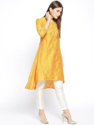 Yellow Embroidered Silk Stitched Kurtas And Kurtis 4