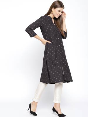 Grey Printed Cotton Stitched Kurtas And Kurtis 4