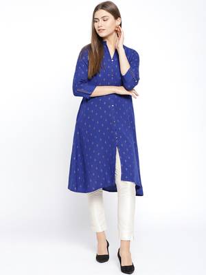 Navy Blue Printed Cotton Stitched Kurtas And Kurtis 1