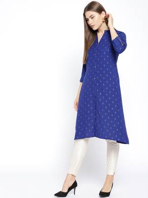 Navy Blue Printed Cotton Stitched Kurtas And Kurtis 3